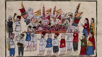A watercolor painting of a sikh funeral procession. Several men carry a deceased individual, while musicians are depicted playing.
