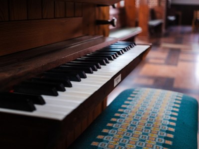 Keyboard of a small organ in a church.