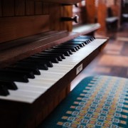 Keyboard of a small organ in a church.