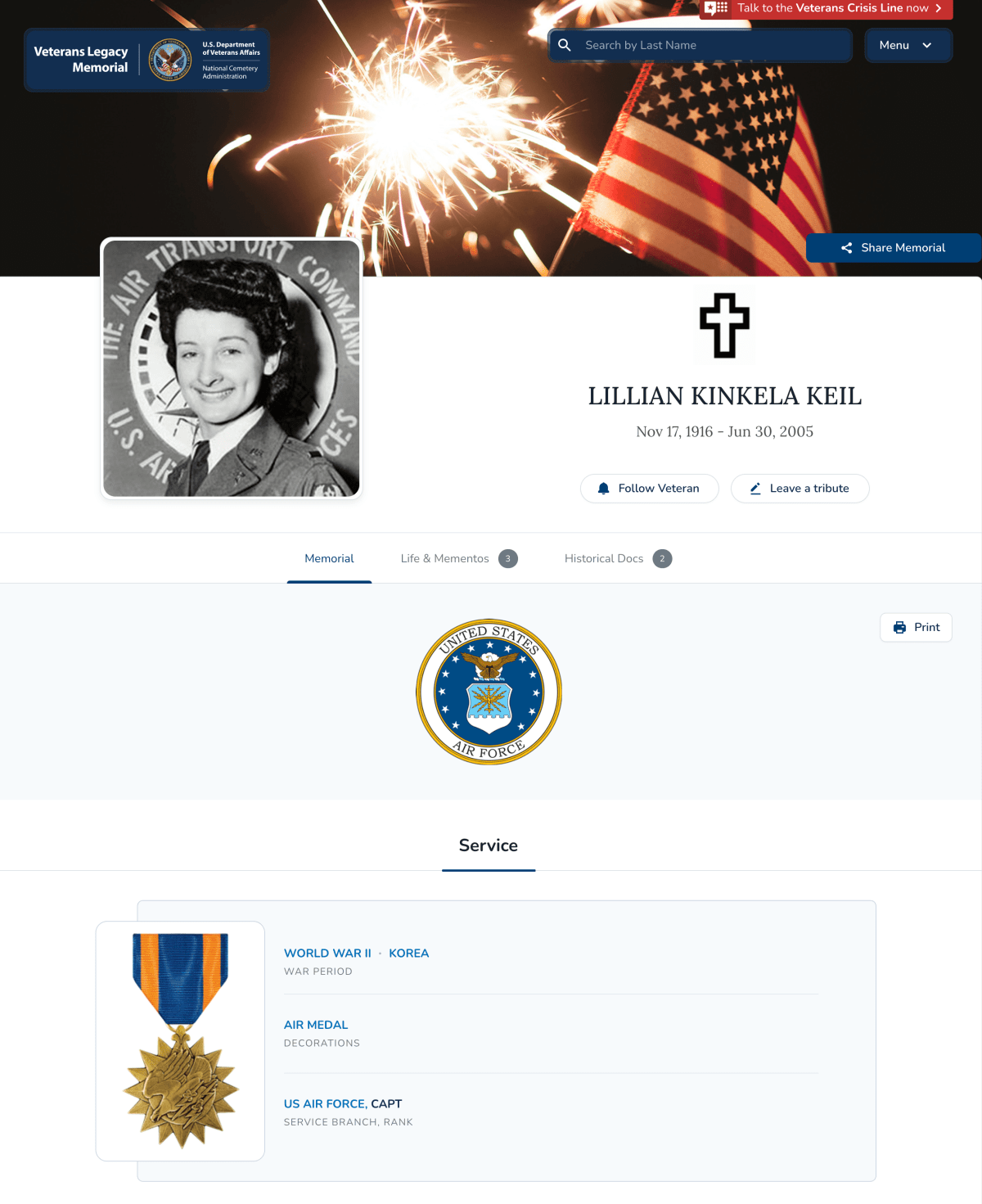 Screenshot of LILLIAN KINKELA KEIL's VLM Memorial Page